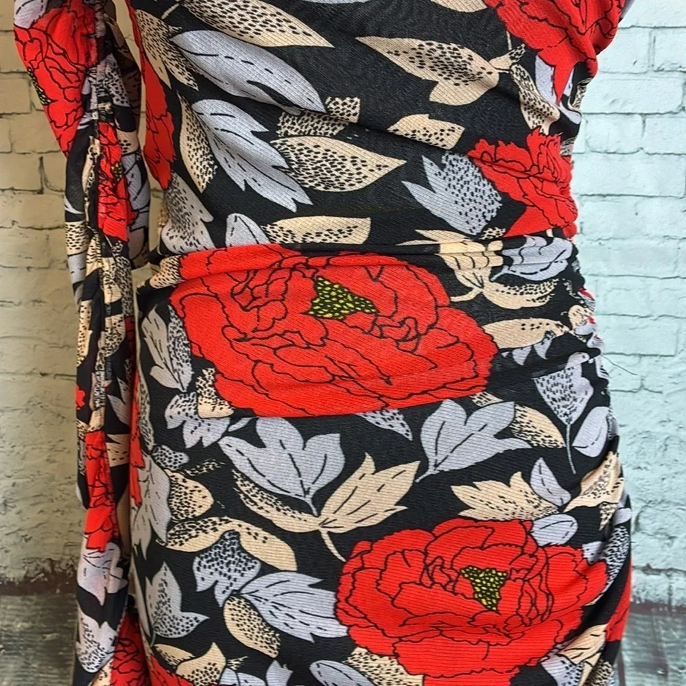 Diane Von Furstenburg Ruched One Sleeve Floral Mesh Dress Boswell Black 6 Sexy - Picture 5 of 16